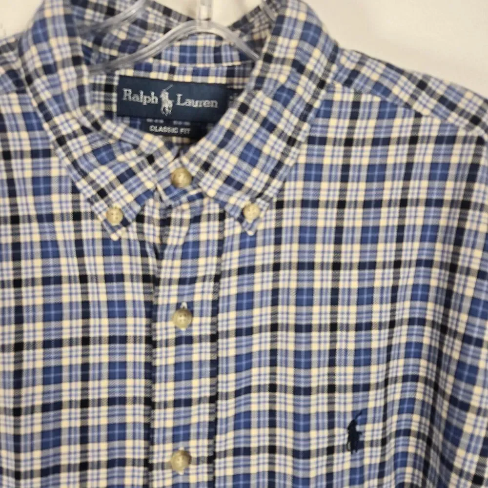 Ralph Lauren Button Down Shirt Adult L Classic Fit Blue Plaid Mens Pony